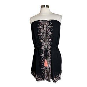 Blue Island Black Embroidered Strapless Mini Dress with Tie Waist Womens XL NEW